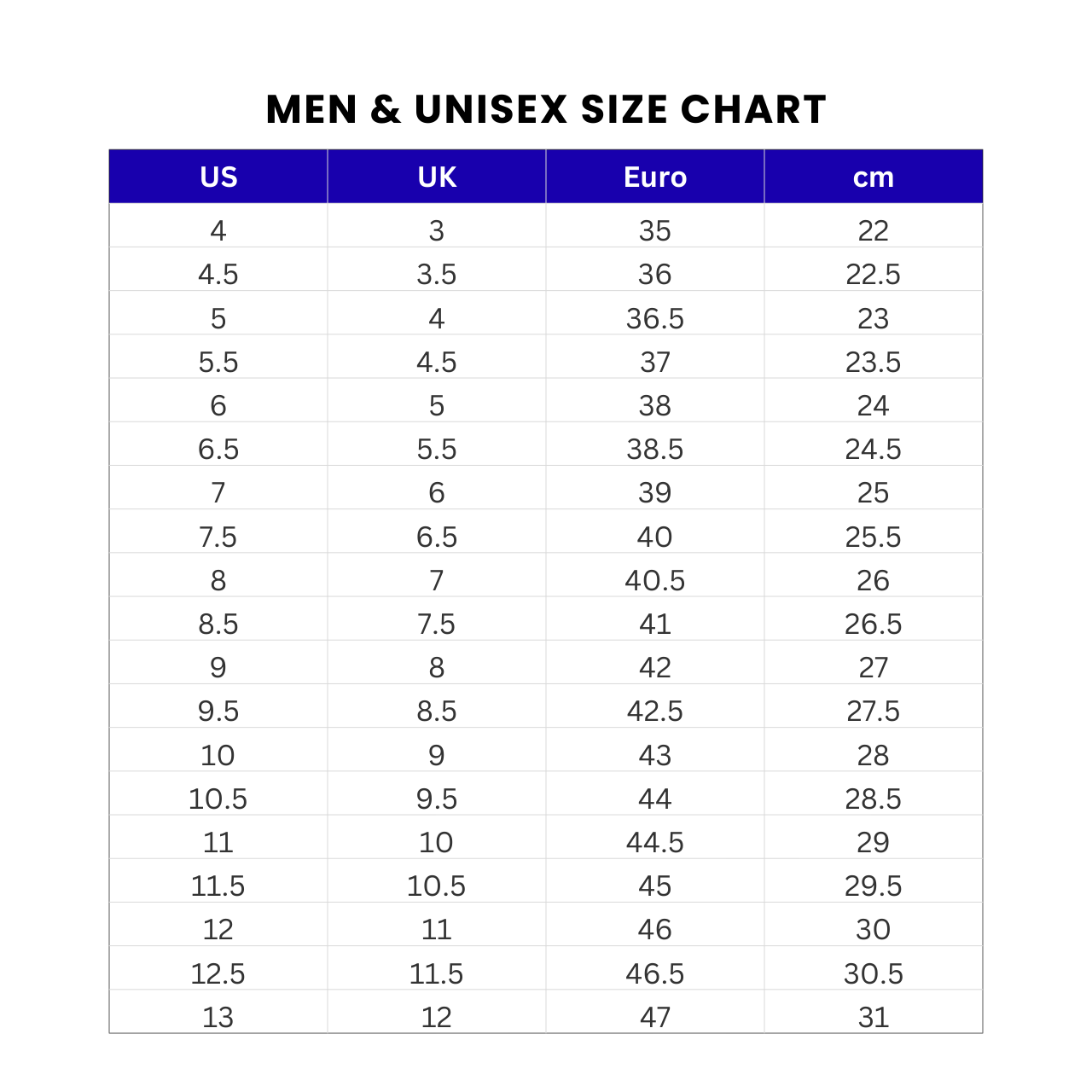 Women Shoes Size Chart